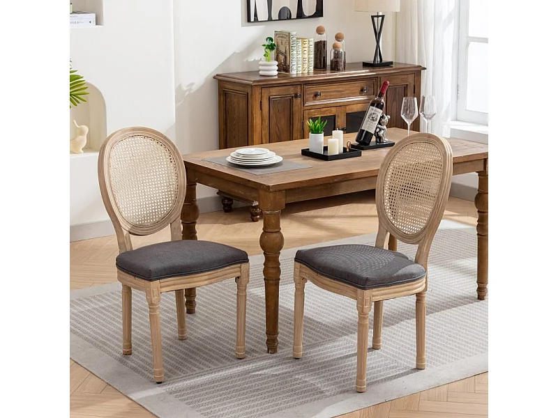 Lot de 2 chaises de salle à manger rembourrées avec dossier en rotin et structure en bois massif gris