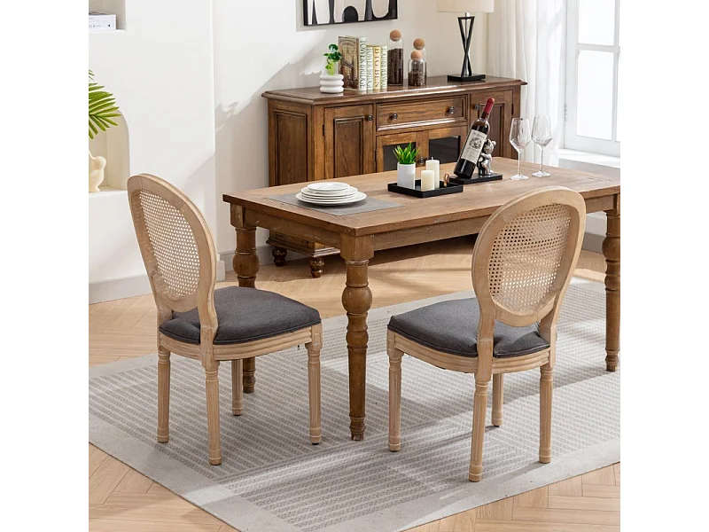 Lot de 2 chaises de salle à manger rembourrées avec dossier en rotin et structure en bois massif gris