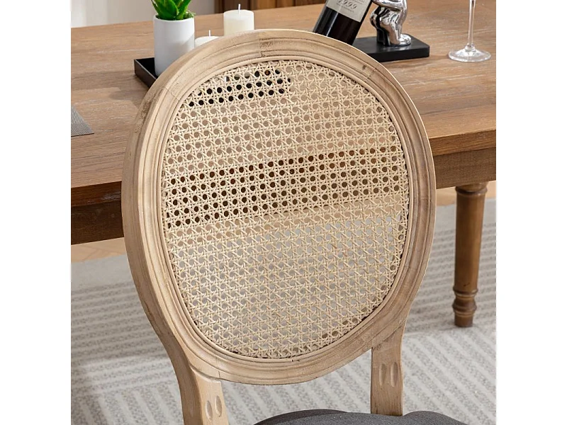 Lot de 2 chaises de salle à manger rembourrées avec dossier en rotin et structure en bois massif gris