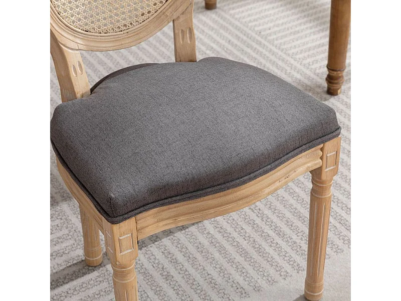 Lot de 2 chaises de salle à manger rembourrées avec dossier en rotin et structure en bois massif gris