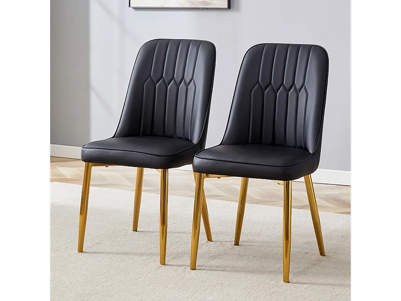 Lot de 2 chaises de salle à manger en similicuir noir avec pieds en métal doré