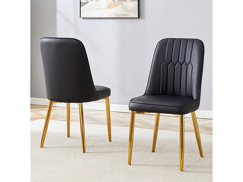 Lot de 2 chaises de salle à manger en similicuir noir avec pieds en métal doré