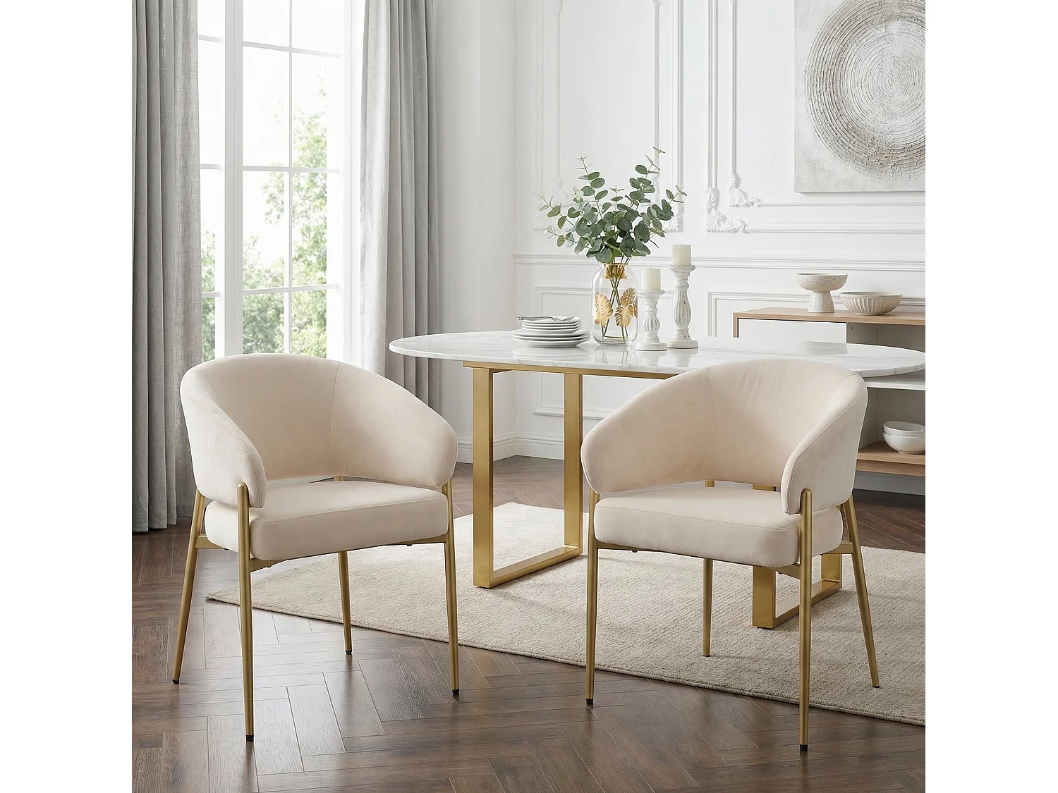 Set van 2 fluwelen eetkamerstoelen met metalen poten in champagne en beige