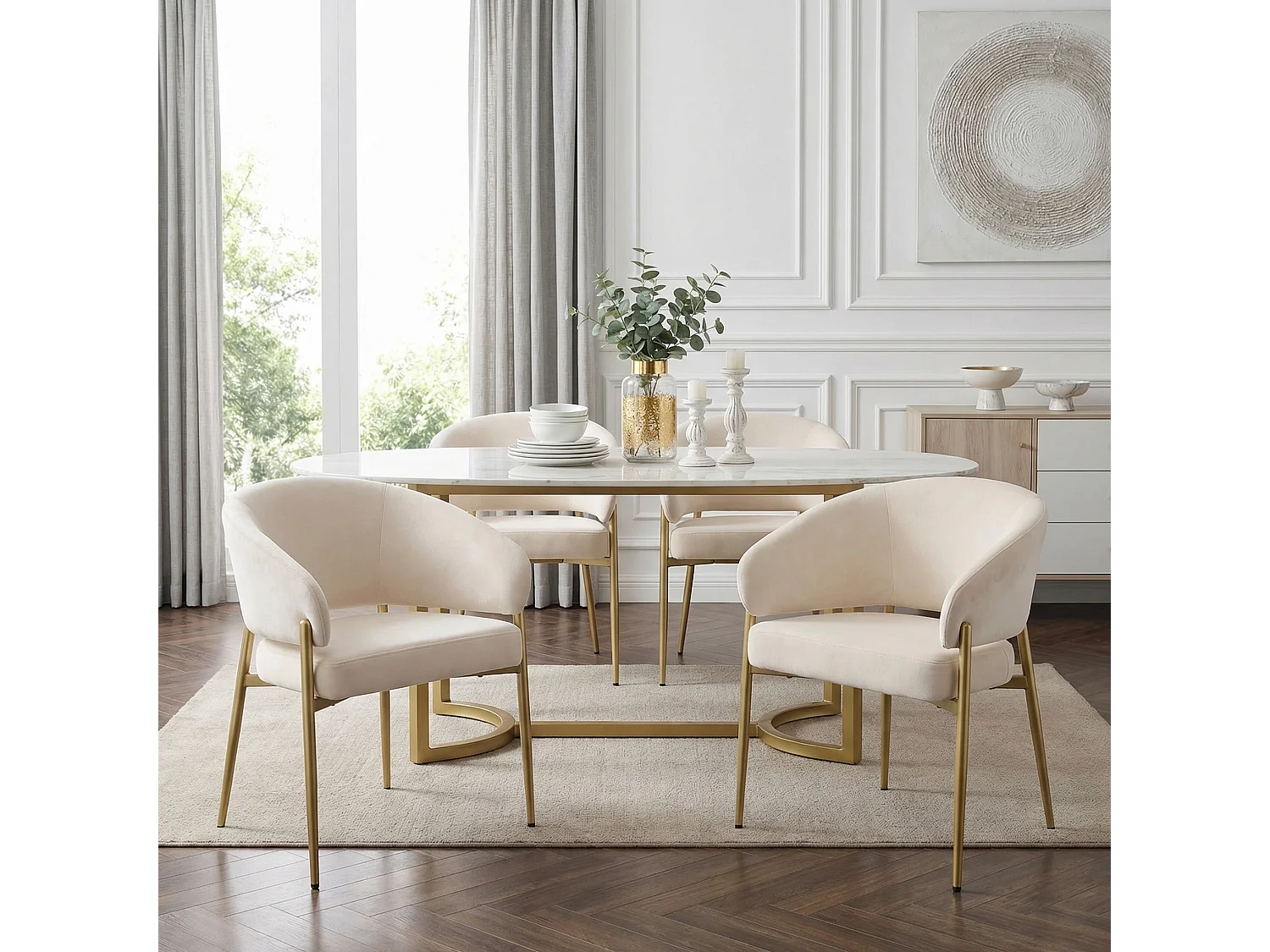 Set van 2 fluwelen eetkamerstoelen met metalen poten in champagne en beige