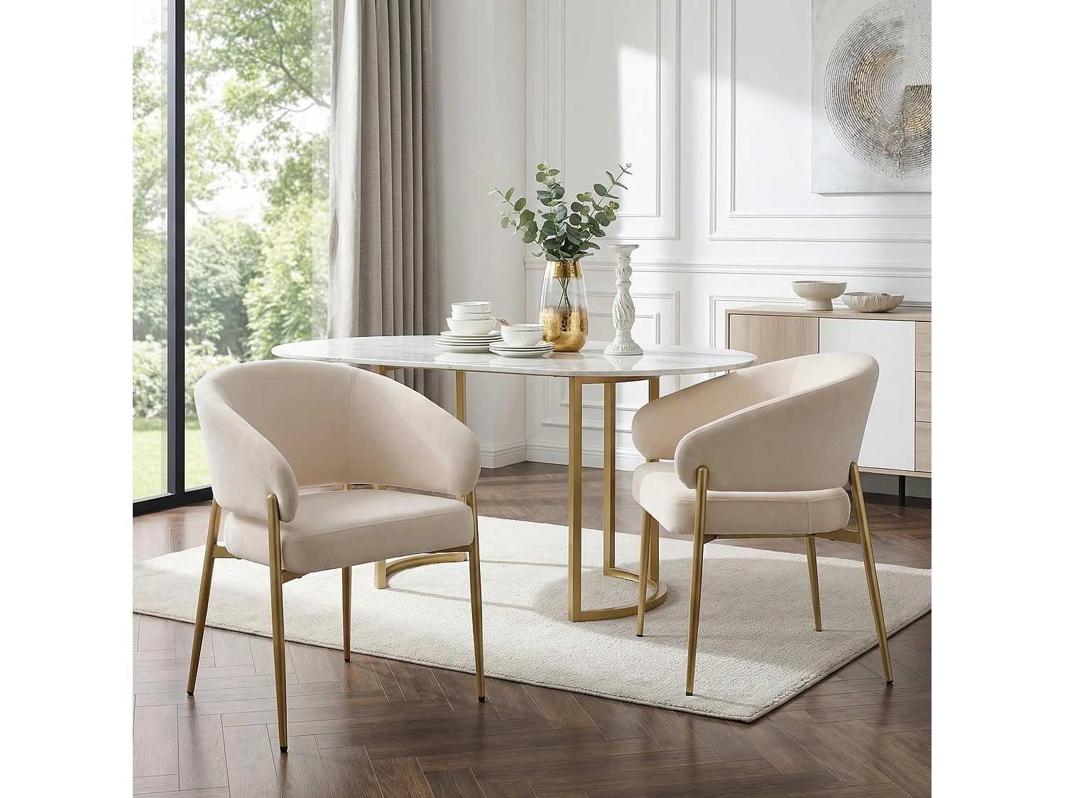 Set van 2 fluwelen eetkamerstoelen met metalen poten in champagne en beige