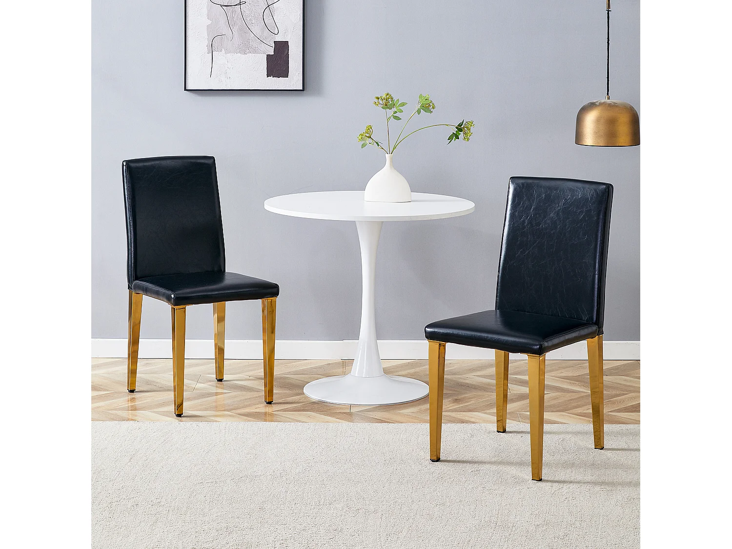 Lot de 2 chaises de salle à manger en similicuir noir avec pieds en métal doré