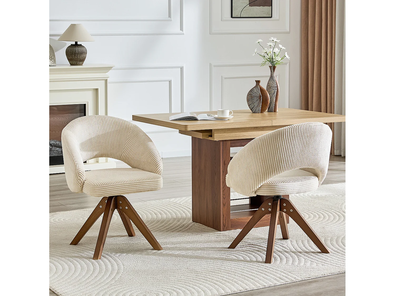 Lot de 2 chaises de salle à manger pivotantes en tissu blanc avec pieds en bois massif noyer
