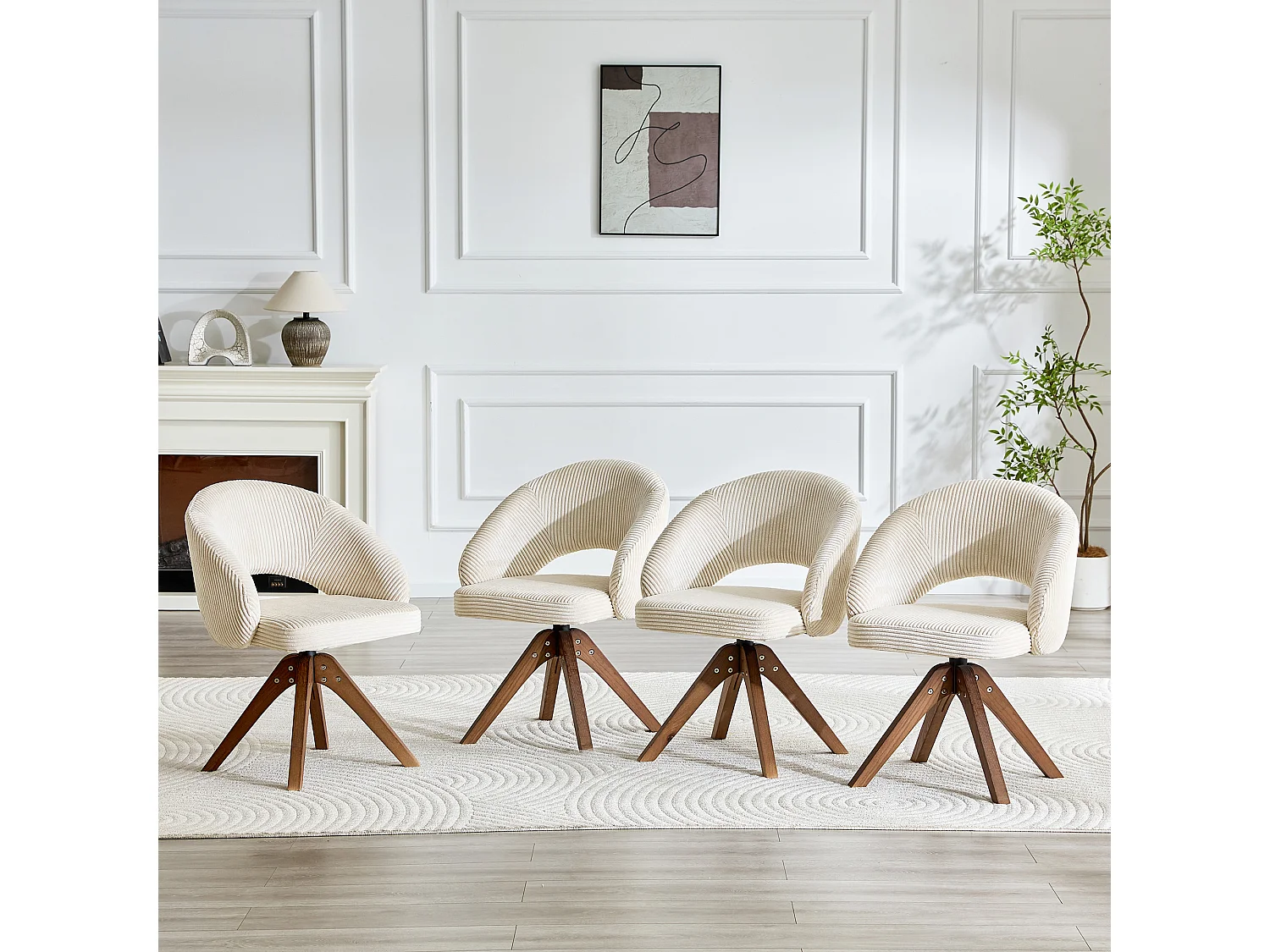 Lot de 2 chaises de salle à manger pivotantes en tissu blanc avec pieds en bois massif noyer