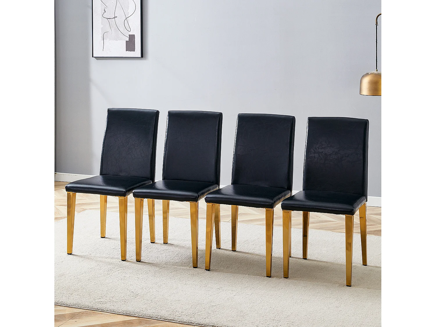 Lot de 4 chaises de salle à manger en similicuir noir avec pieds en métal doré