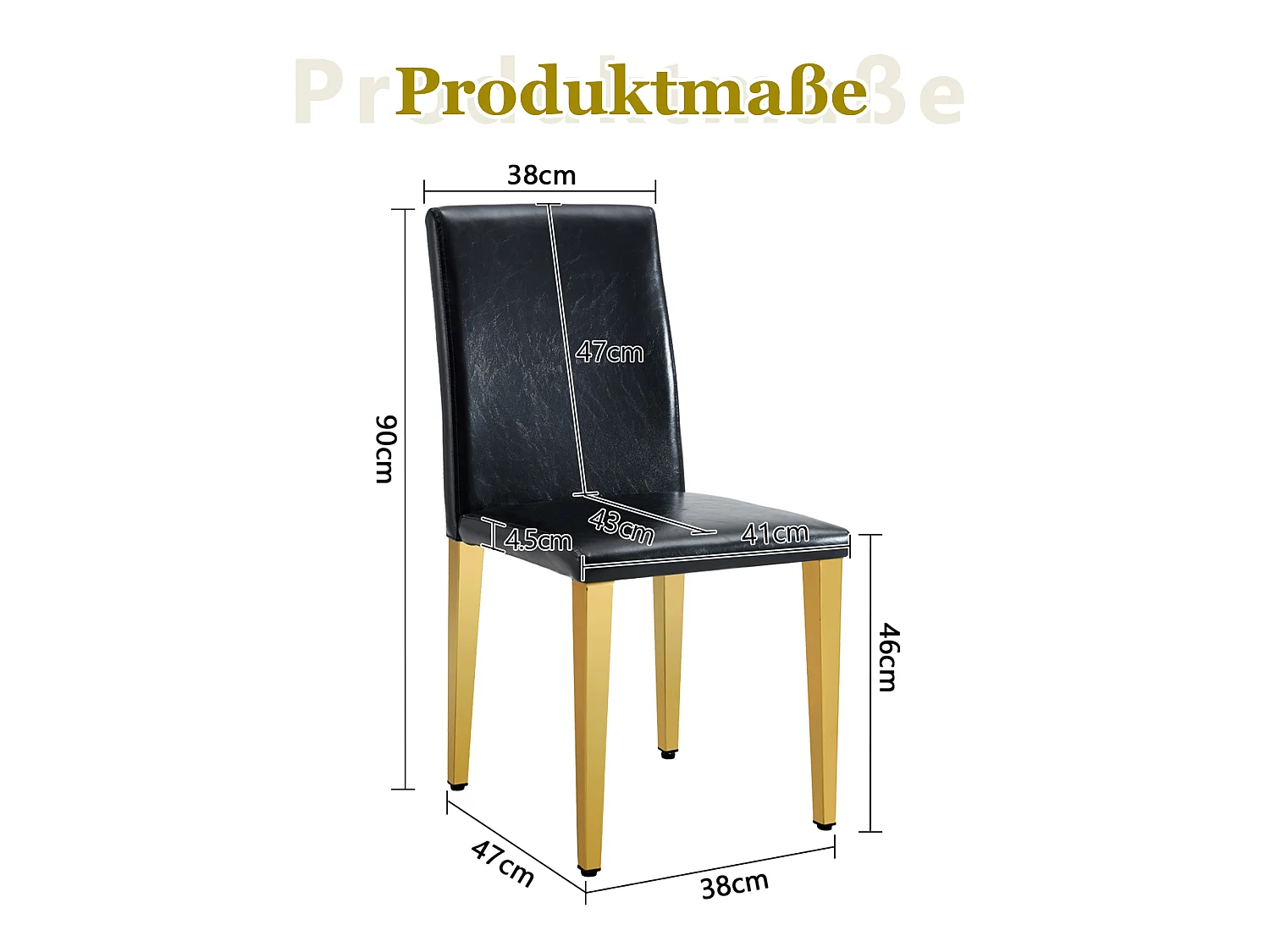 Lot de 4 chaises de salle à manger en similicuir noir avec pieds en métal doré