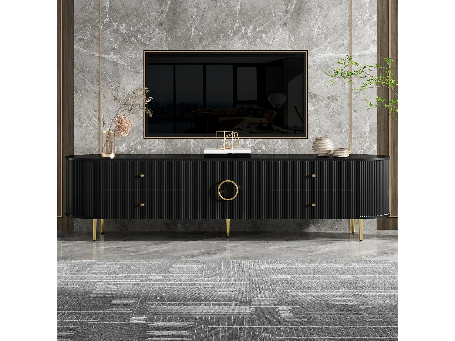 TV-Ständer 180 x 40 x 38 cm mit 4 Schubladen und 2 Türen, 3D-Wellenstruktur, Kabelmanagement, schwarz