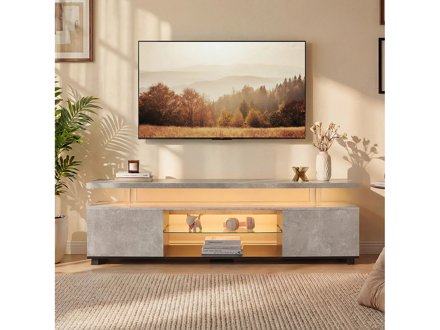 TV-Ständer grau 130 x 40 x 48 cm mit LED-Beleuchtung, 3 versteckten Staufächern und 1 offenem Fach