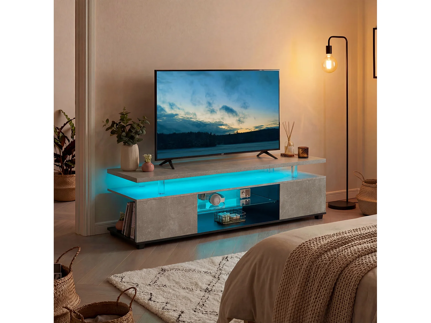 TV-Ständer grau 130 x 40 x 48 cm mit LED-Beleuchtung, 3 versteckten Staufächern und 1 offenem Fach