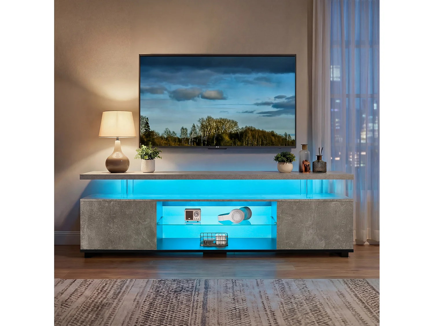 TV-Ständer grau 130 x 40 x 48 cm mit LED-Beleuchtung, 3 versteckten Staufächern und 1 offenem Fach