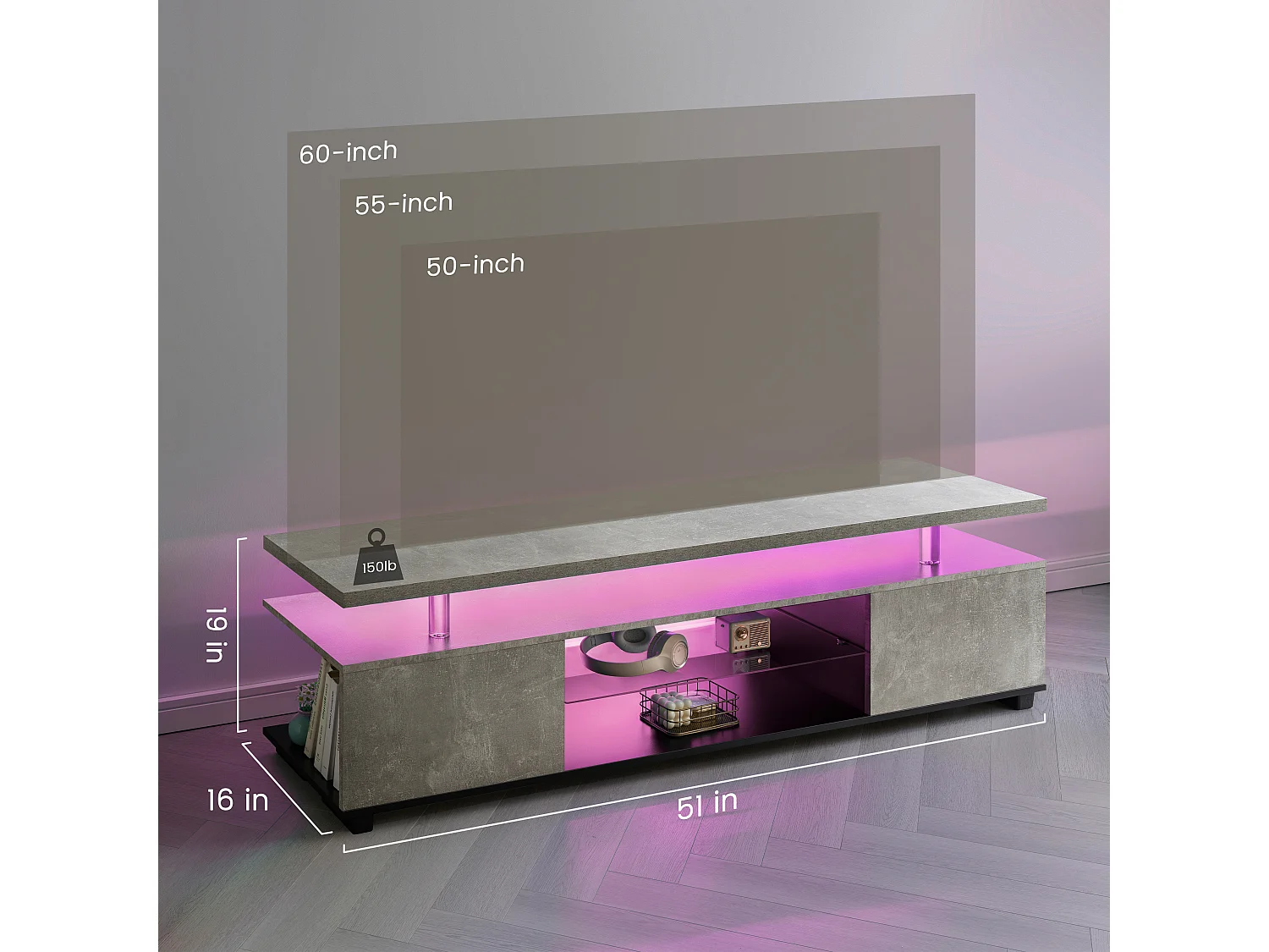 TV-Ständer grau 130 x 40 x 48 cm mit LED-Beleuchtung, 3 versteckten Staufächern und 1 offenem Fach