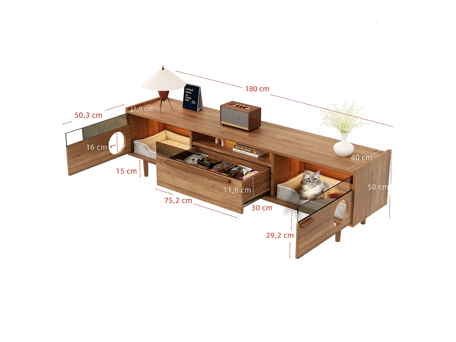 Tv-standaard 180x40x50 cm met ledverlichting, 2 deuren van gehard glas en 1 lade, gemaakt van MDF, bruin