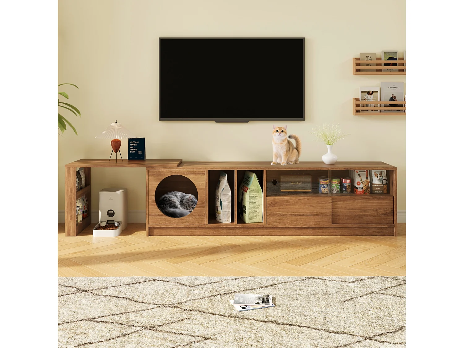 Tv-standaard 180(+80)x40x50 cm met kattenbak en glazen deuren, uitschuifbaar en draaibaar, gemaakt van MDF, bruin