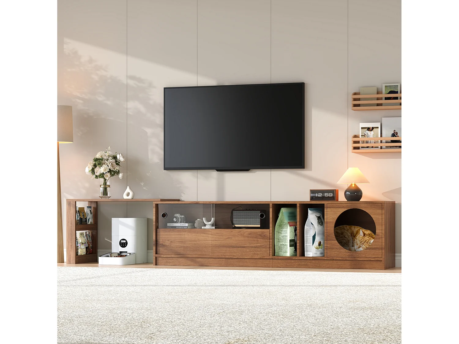 Tv-standaard 180(+80)x40x50 cm met kattenbak en glazen deuren, uitschuifbaar en draaibaar, gemaakt van MDF, bruin