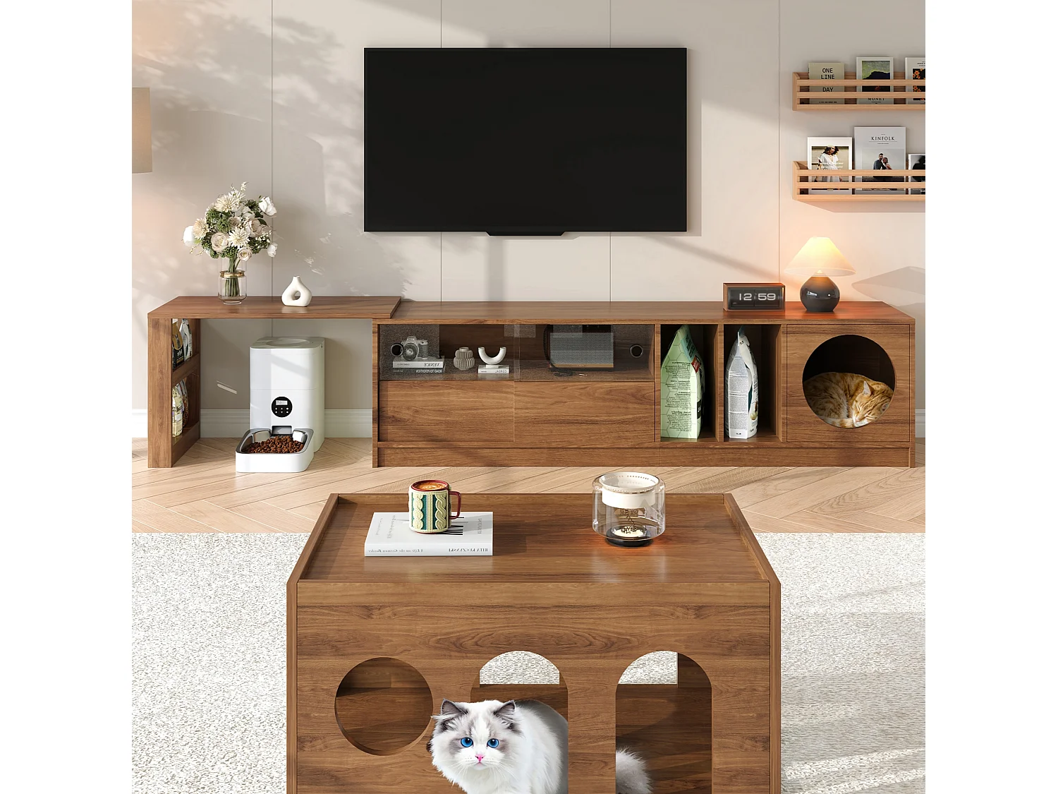 Tv-standaard 180(+80)x40x50 cm met kattenbak en glazen deuren, uitschuifbaar en draaibaar, gemaakt van MDF, bruin
