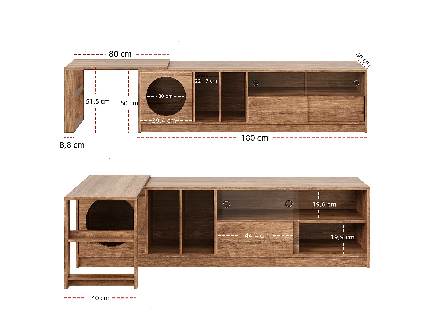 Tv-standaard 180(+80)x40x50 cm met kattenbak en glazen deuren, uitschuifbaar en draaibaar, gemaakt van MDF, bruin