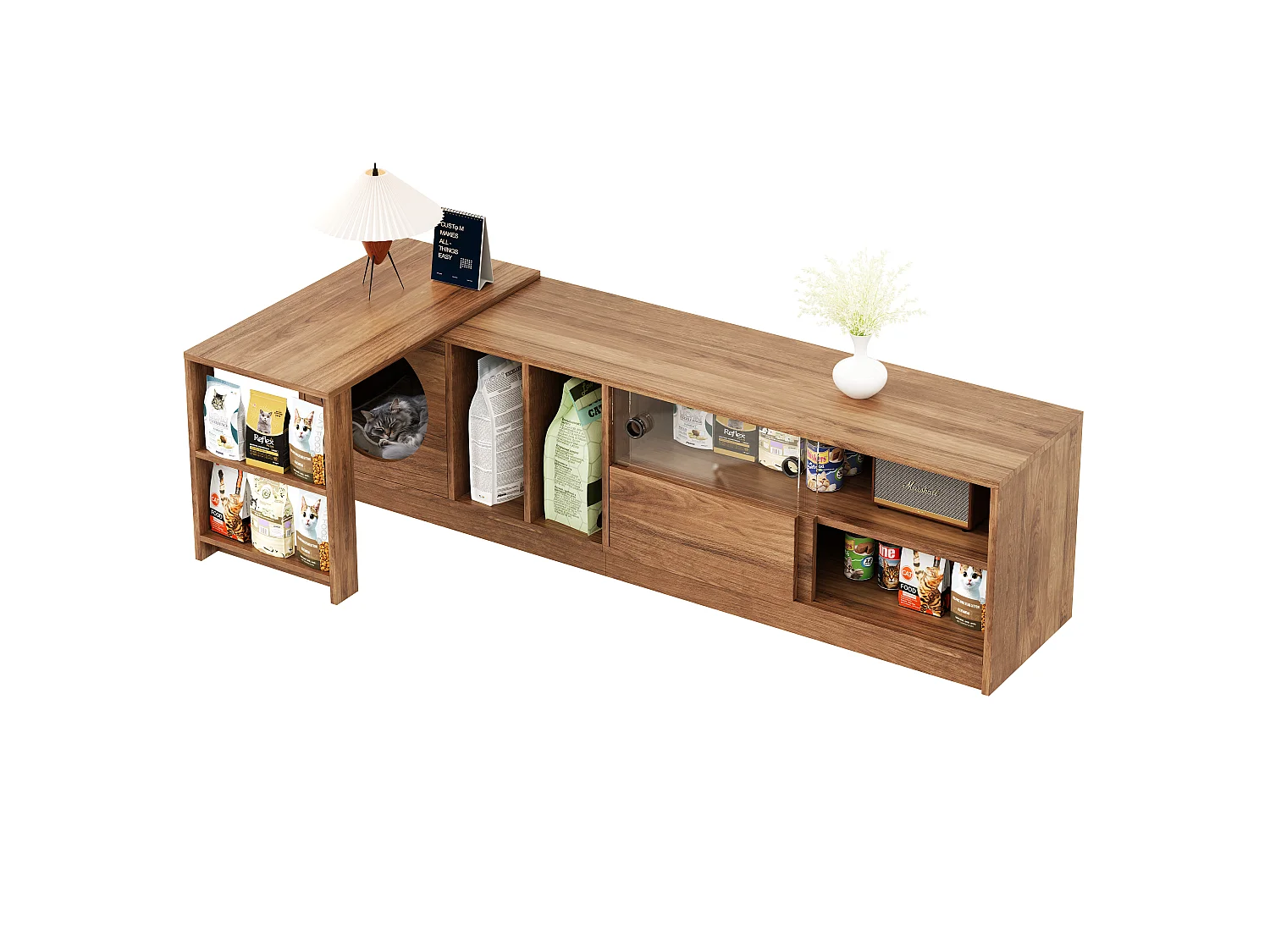 Tv-standaard 180(+80)x40x50 cm met kattenbak en glazen deuren, uitschuifbaar en draaibaar, gemaakt van MDF, bruin