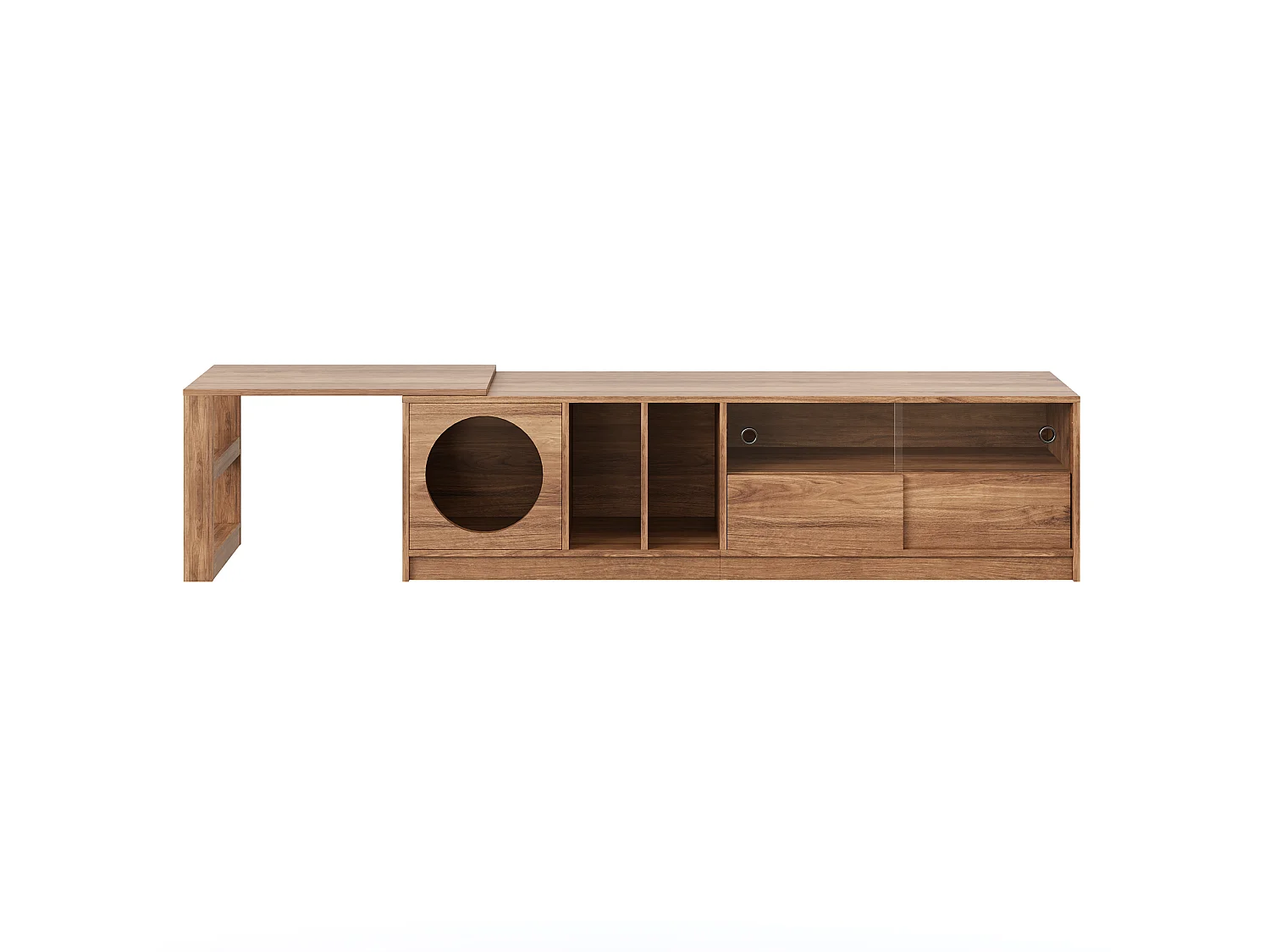 Tv-standaard 180(+80)x40x50 cm met kattenbak en glazen deuren, uitschuifbaar en draaibaar, gemaakt van MDF, bruin