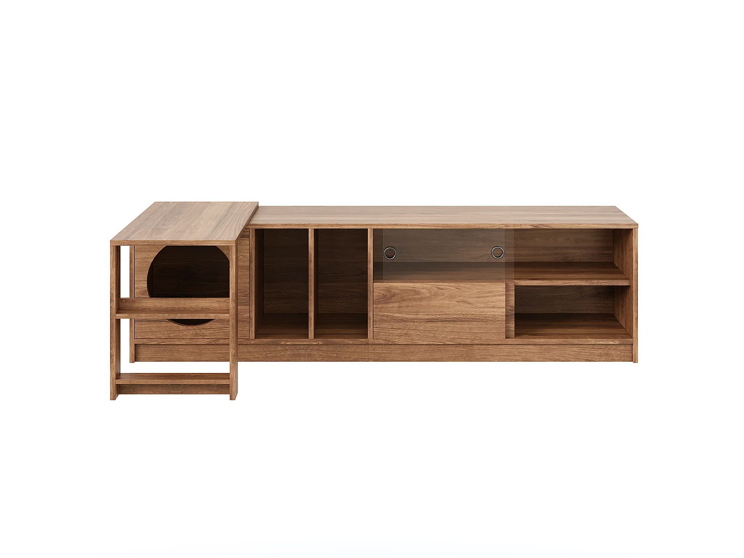 Tv-standaard 180(+80)x40x50 cm met kattenbak en glazen deuren, uitschuifbaar en draaibaar, gemaakt van MDF, bruin