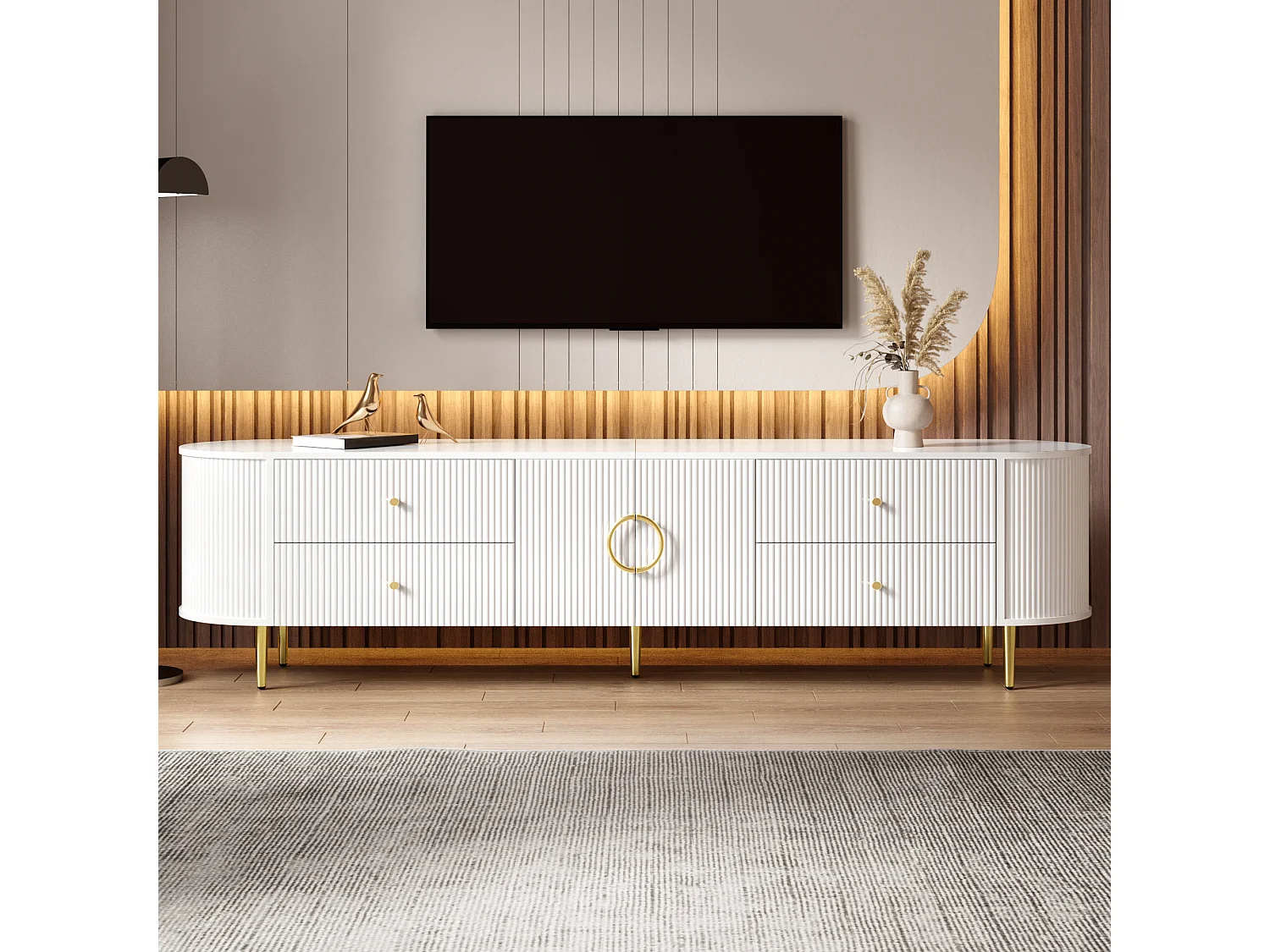 TV-Ständer 180 x 40 x 38 cm mit 4 Schubladen und 2 Türen, 3D-Wellenstruktur, Kabelmanagement, weiß