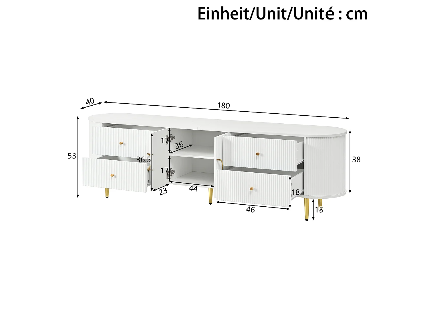 TV-Ständer 180 x 40 x 38 cm mit 4 Schubladen und 2 Türen, 3D-Wellenstruktur, Kabelmanagement, weiß