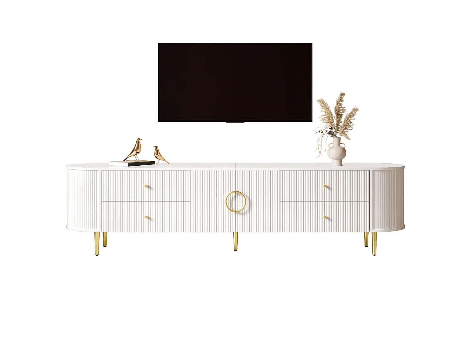 TV-Ständer 180 x 40 x 38 cm mit 4 Schubladen und 2 Türen, 3D-Wellenstruktur, Kabelmanagement, weiß