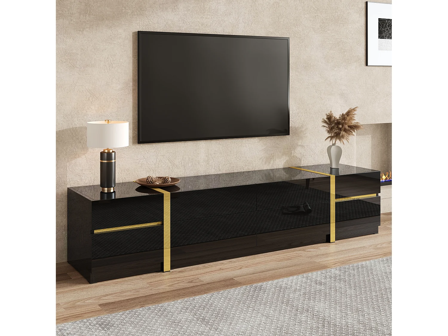 TV-Ständer 180 x 40 x 38 cm, Hochglanz, mit 4 Schubladen, 2 Türen und goldenen Details, aus MDF, schwarz