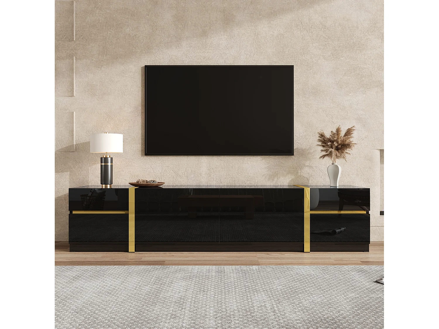 TV-Ständer 180 x 40 x 38 cm, Hochglanz, mit 4 Schubladen, 2 Türen und goldenen Details, aus MDF, schwarz
