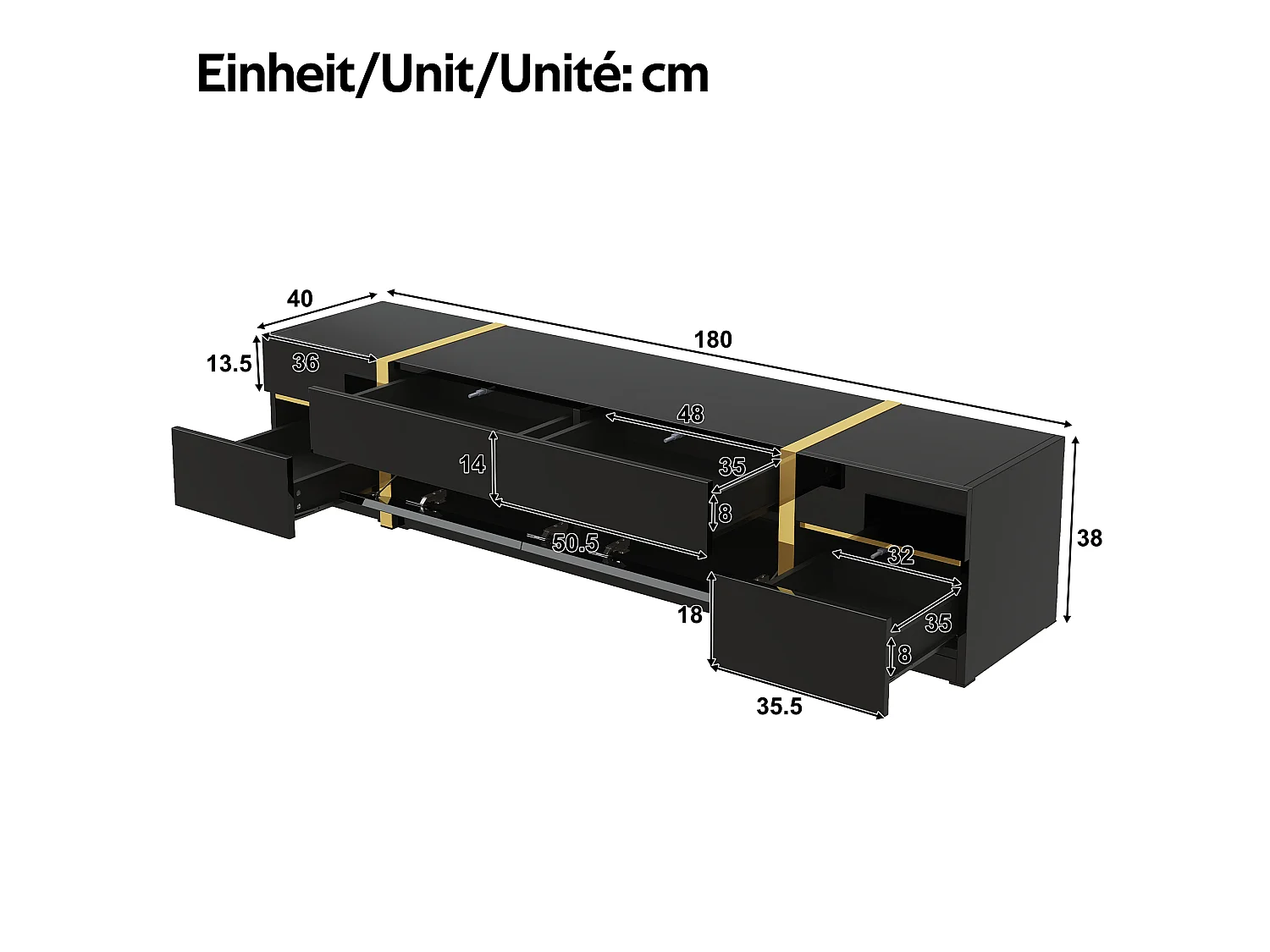 TV-Ständer 180 x 40 x 38 cm, Hochglanz, mit 4 Schubladen, 2 Türen und goldenen Details, aus MDF, schwarz