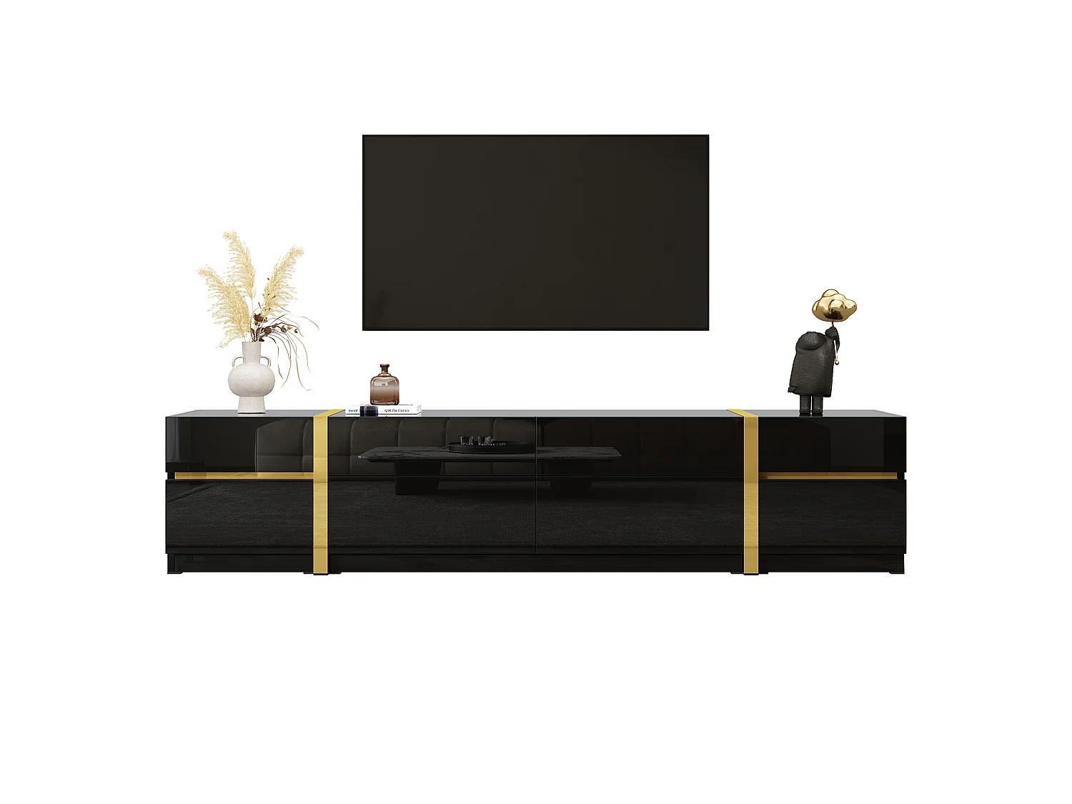 TV-Ständer 180 x 40 x 38 cm, Hochglanz, mit 4 Schubladen, 2 Türen und goldenen Details, aus MDF, schwarz