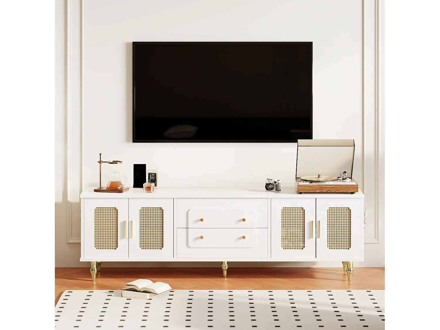 TV-Ständer weiß 175 x 38 x 55,5 cm mit 4 geriffelten Glastüren, 2 Schubladen und Metallbeinen
