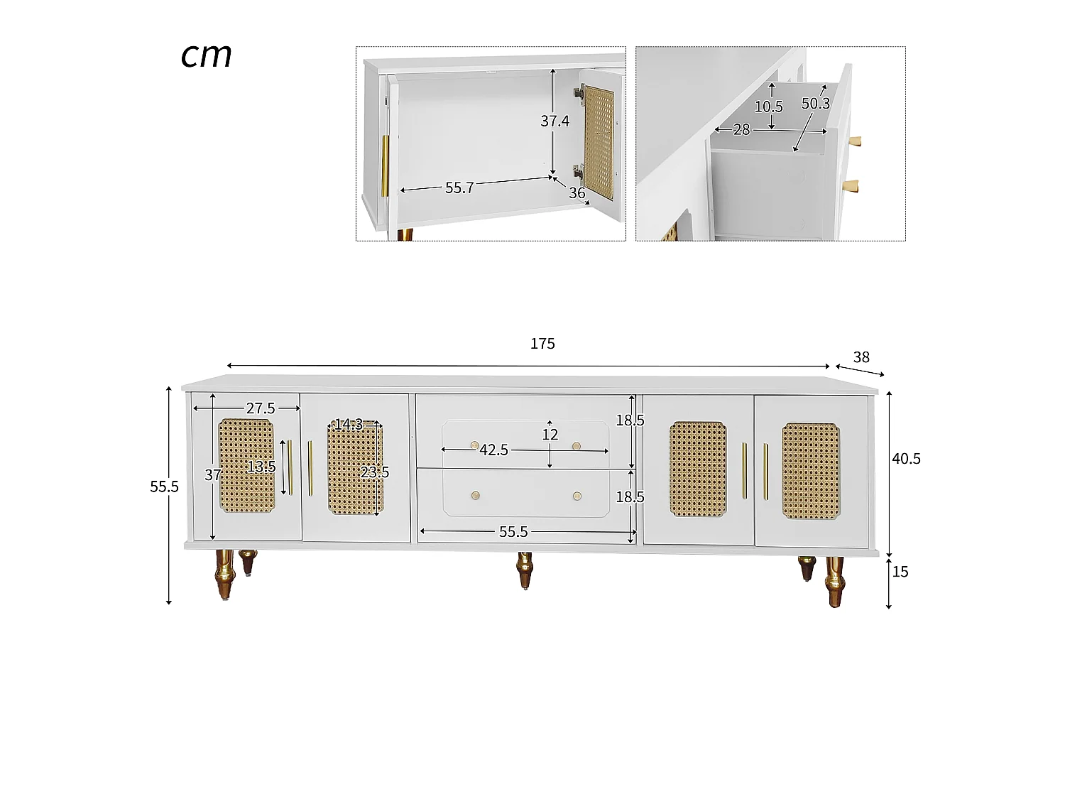 TV-Ständer weiß 175 x 38 x 55,5 cm mit 4 geriffelten Glastüren, 2 Schubladen und Metallbeinen