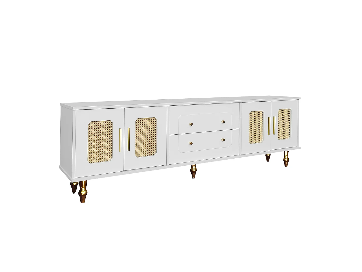 TV-Ständer weiß 175 x 38 x 55,5 cm mit 4 geriffelten Glastüren, 2 Schubladen und Metallbeinen