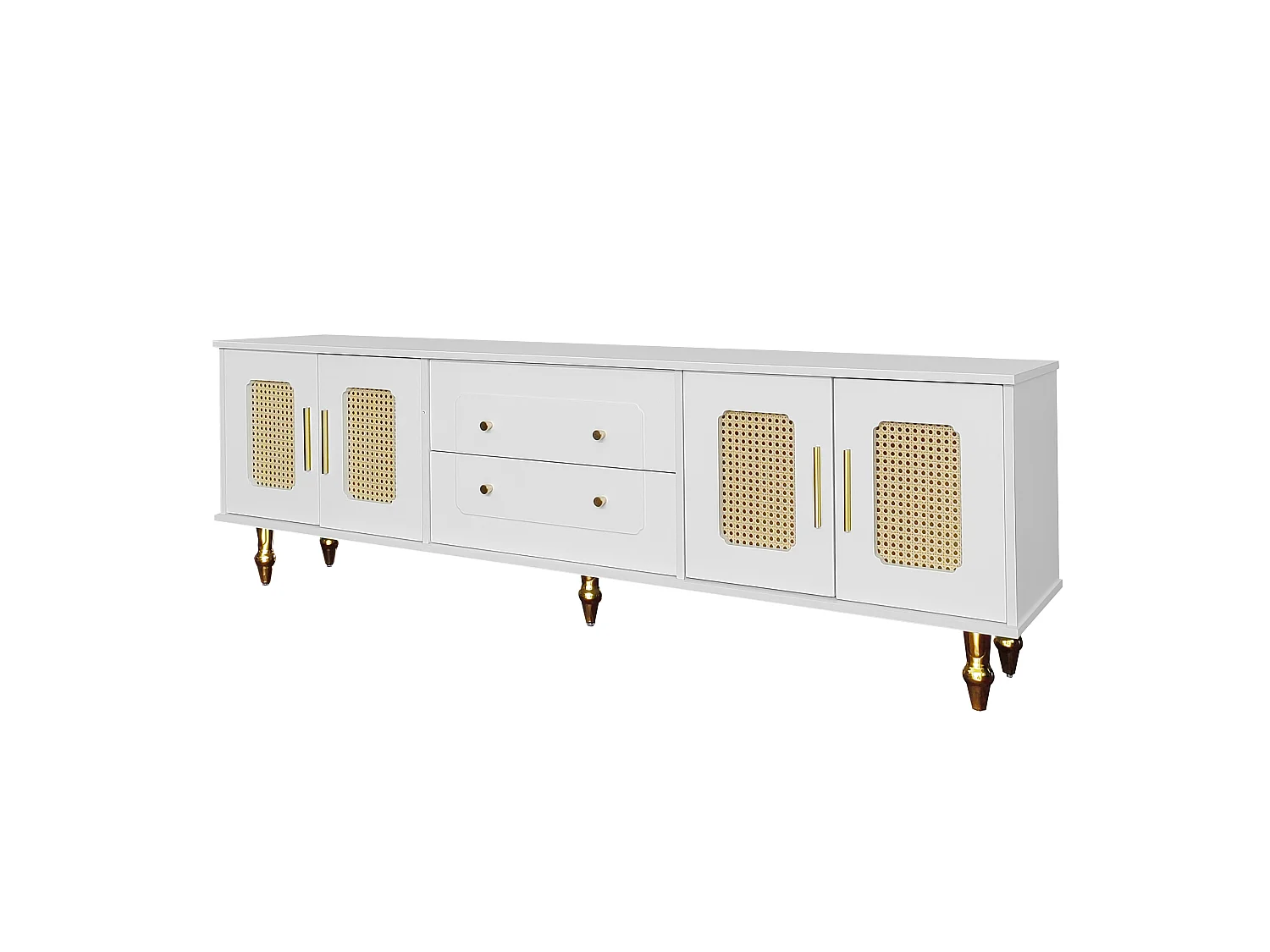 TV-Ständer weiß 175 x 38 x 55,5 cm mit 4 geriffelten Glastüren, 2 Schubladen und Metallbeinen