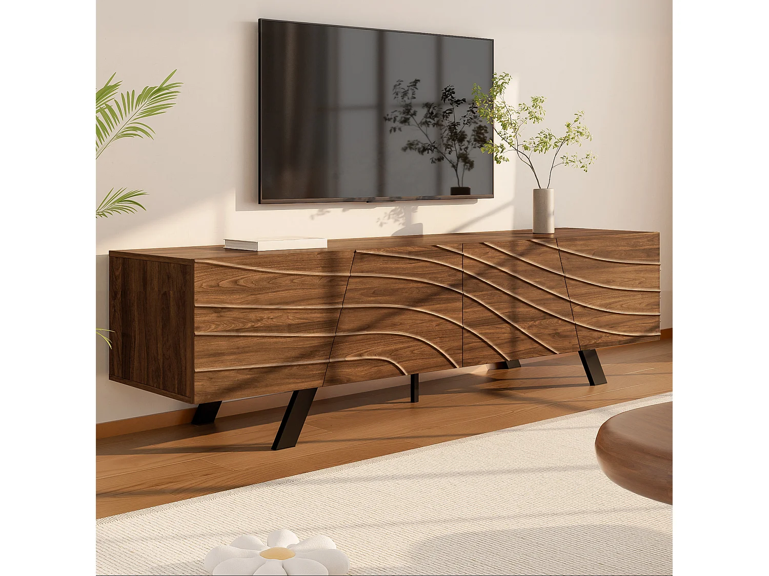 Tv-meubel 160x39x50,5 cm met 4 deuren, opbergruimte en kabelmanagement, zwarte ijzeren poten, Bruin