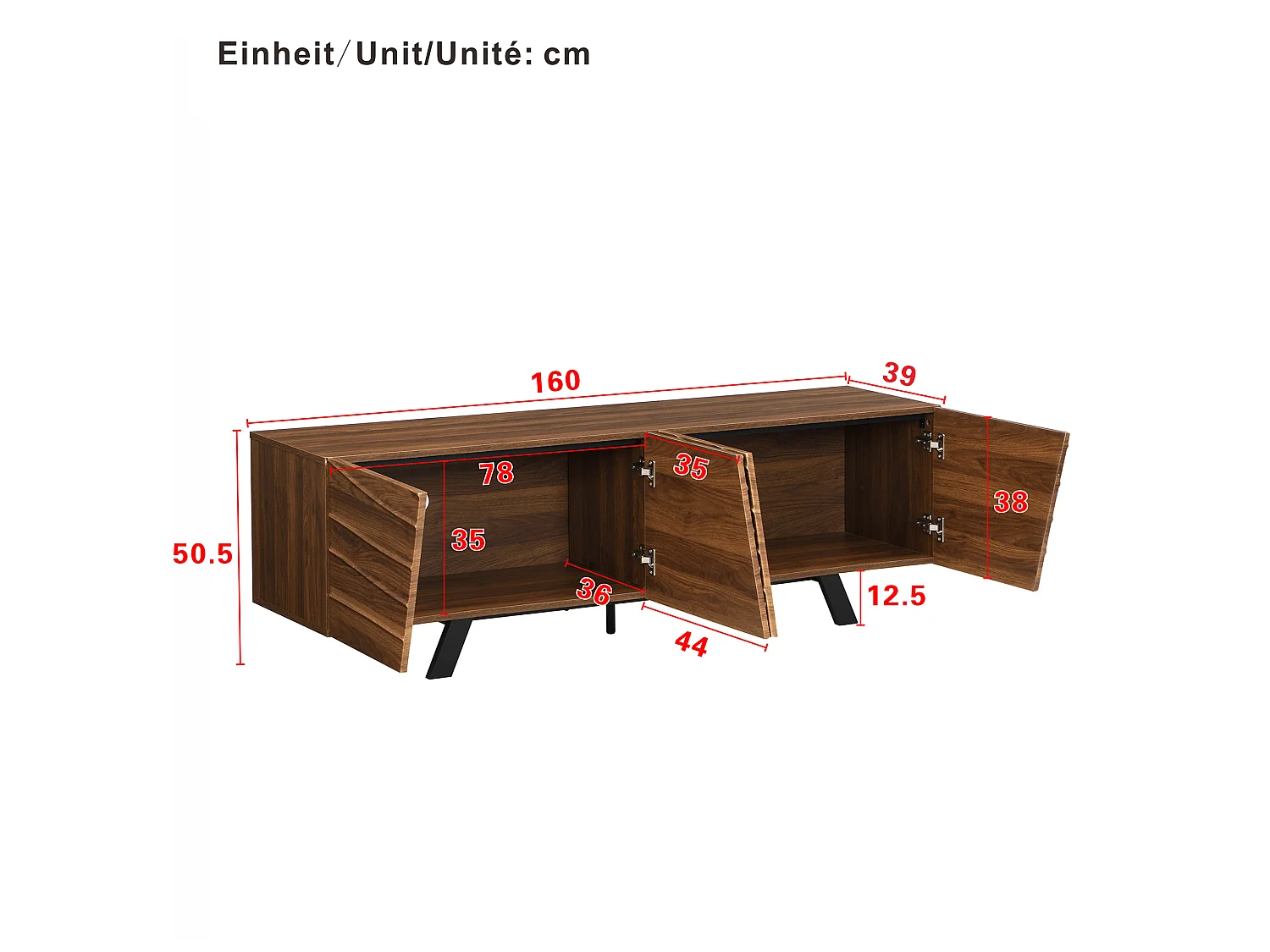 Tv-meubel 160x39x50,5 cm met 4 deuren, opbergruimte en kabelmanagement, zwarte ijzeren poten, Bruin