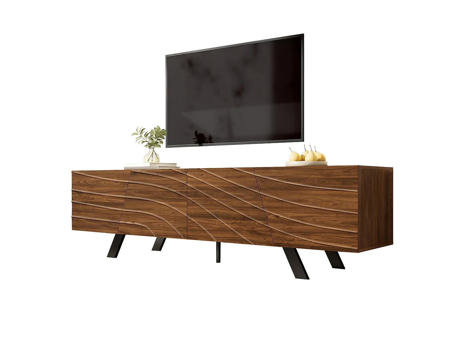 Tv-meubel 160x39x50,5 cm met 4 deuren, opbergruimte en kabelmanagement, zwarte ijzeren poten, Bruin