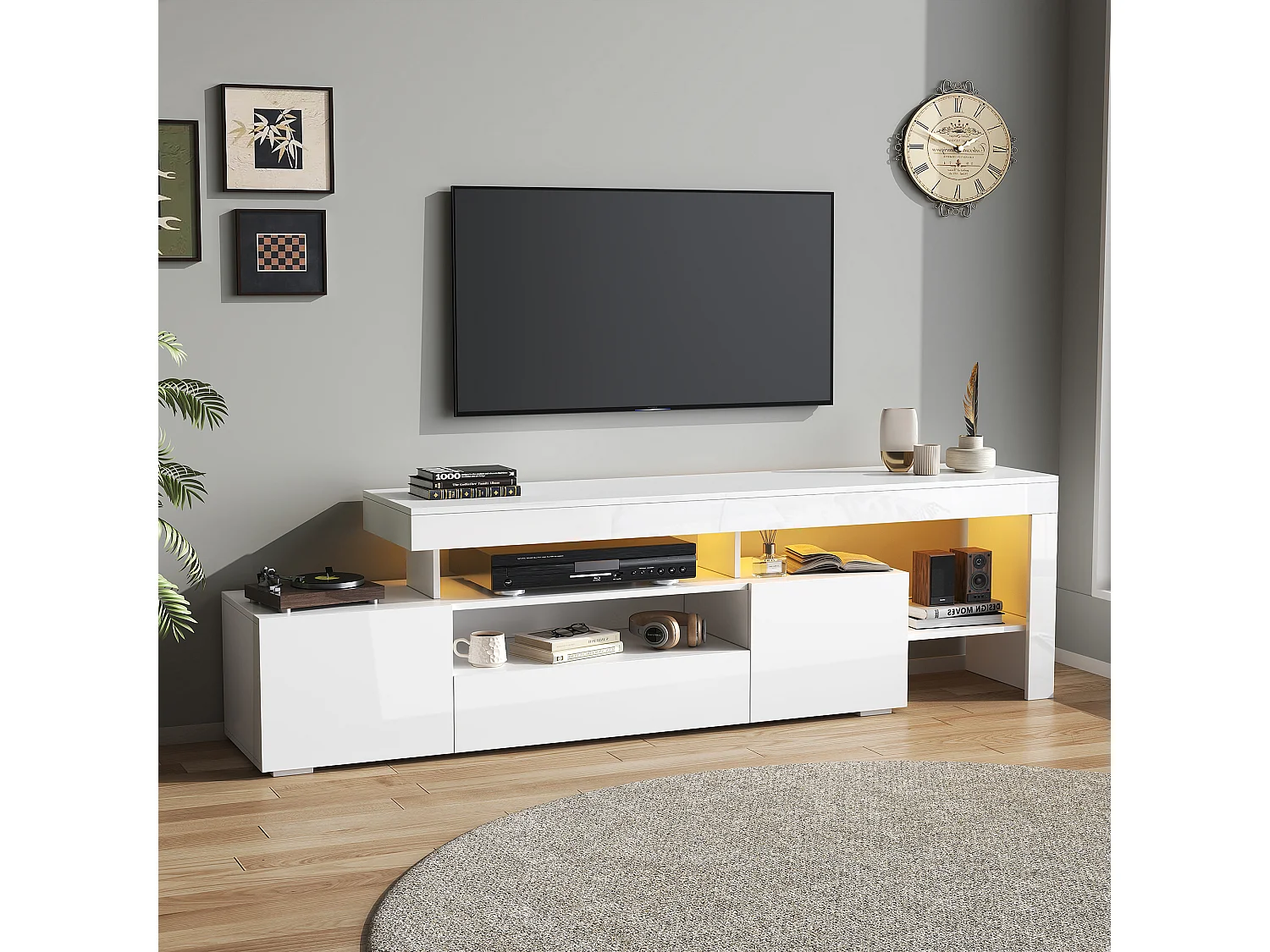 TV-Ständer 192 x 37 x 53 cm mit LED-Beleuchtung, 3 Klapptüren und glänzender Front, weiß