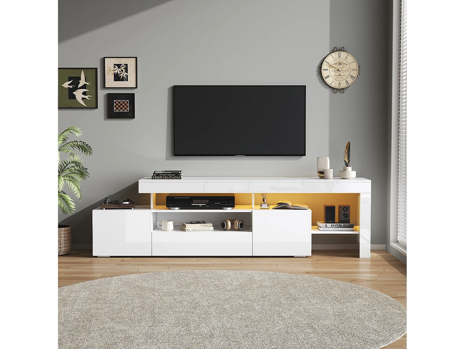 TV-Ständer 192 x 37 x 53 cm mit LED-Beleuchtung, 3 Klapptüren und glänzender Front, weiß