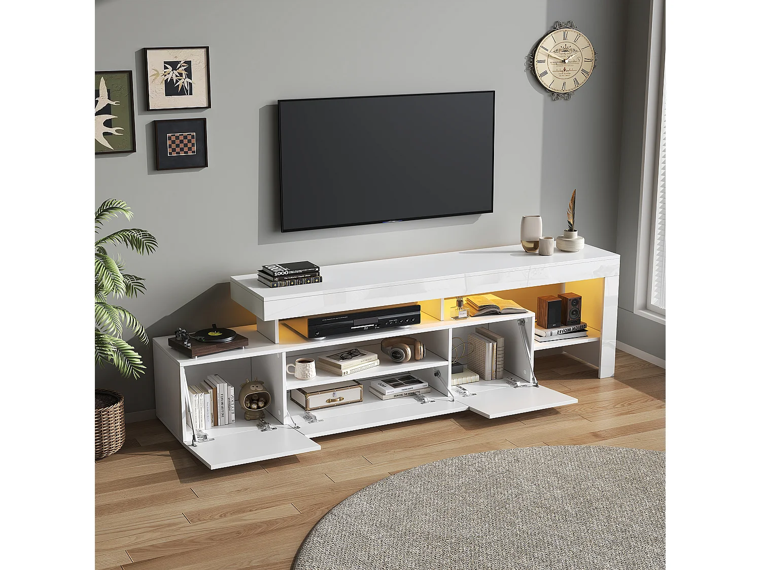 TV-Ständer 192 x 37 x 53 cm mit LED-Beleuchtung, 3 Klapptüren und glänzender Front, weiß