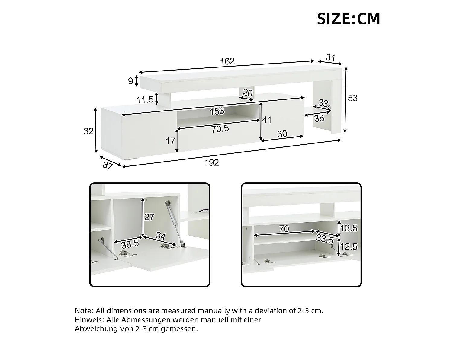 TV-Ständer 192 x 37 x 53 cm mit LED-Beleuchtung, 3 Klapptüren und glänzender Front, weiß