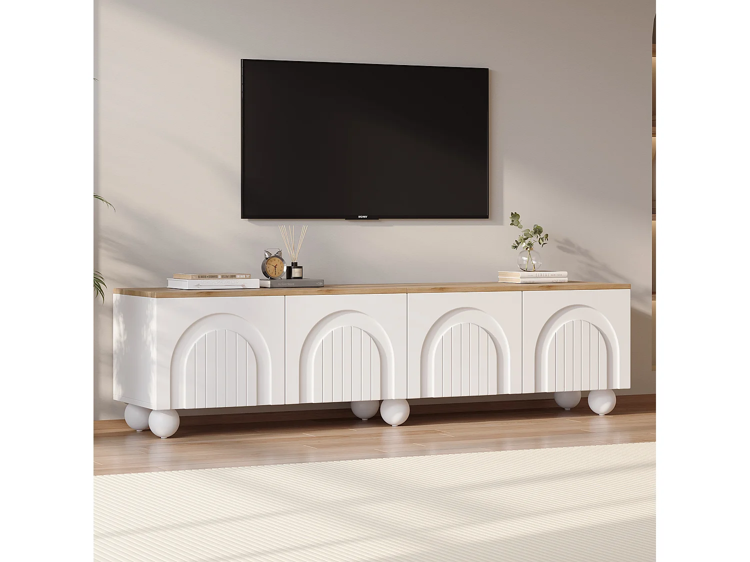 TV-Ständer 180 x 40 x 45 cm mit 4 Türen, 6 Metallkugelfüßen, aus MDF, weiß-eichenfarben lackiert