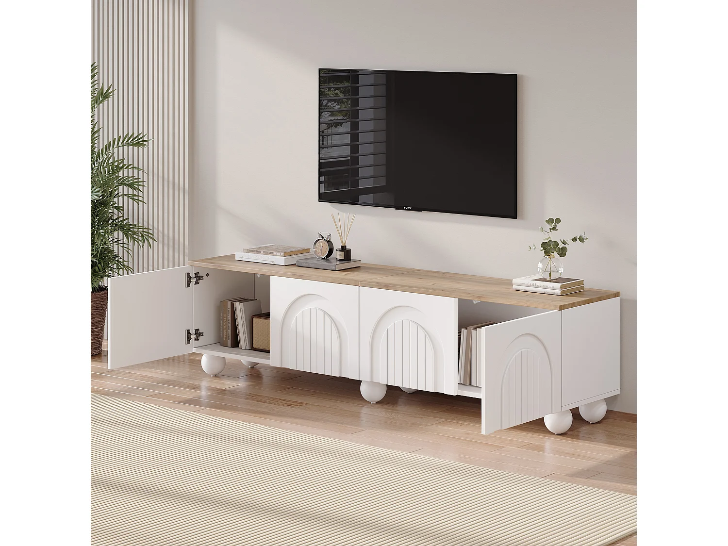 TV-Ständer 180 x 40 x 45 cm mit 4 Türen, 6 Metallkugelfüßen, aus MDF, weiß-eichenfarben lackiert