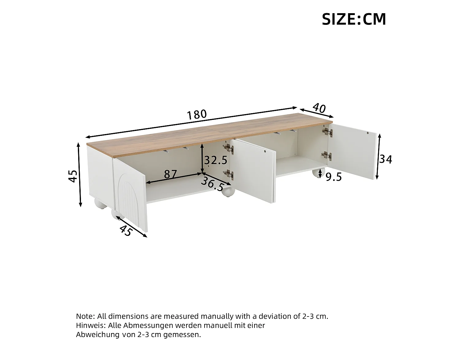 TV-Ständer 180 x 40 x 45 cm mit 4 Türen, 6 Metallkugelfüßen, aus MDF, weiß-eichenfarben lackiert