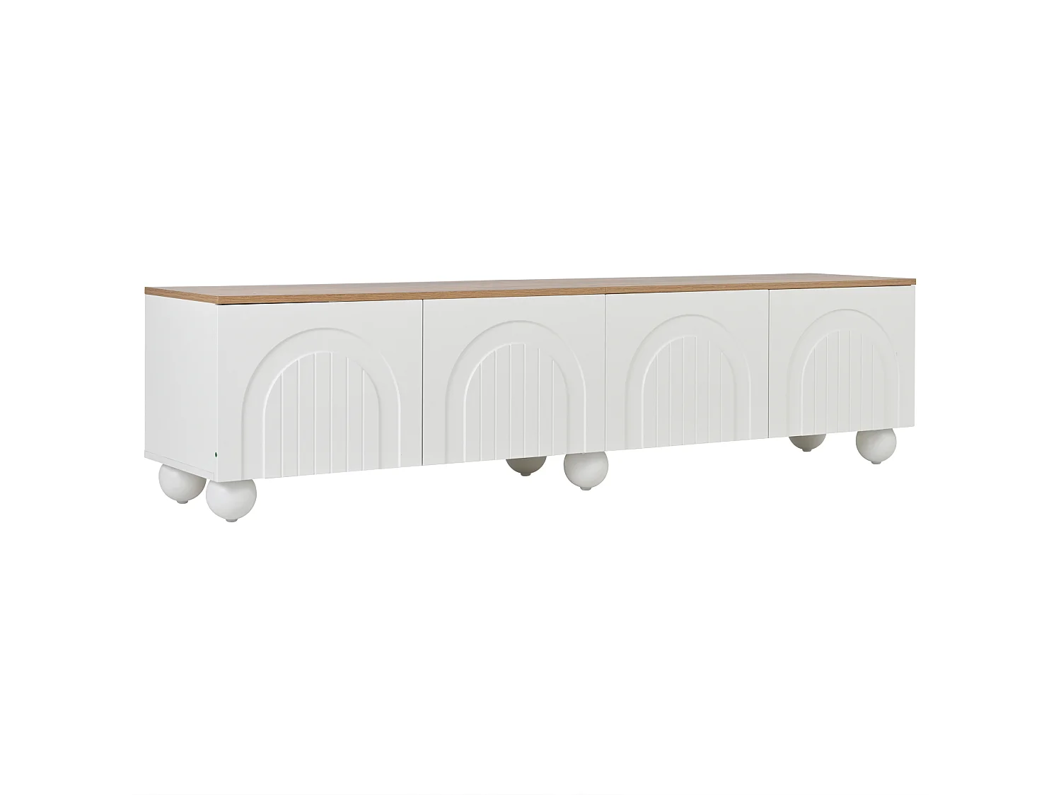TV-Ständer 180 x 40 x 45 cm mit 4 Türen, 6 Metallkugelfüßen, aus MDF, weiß-eichenfarben lackiert