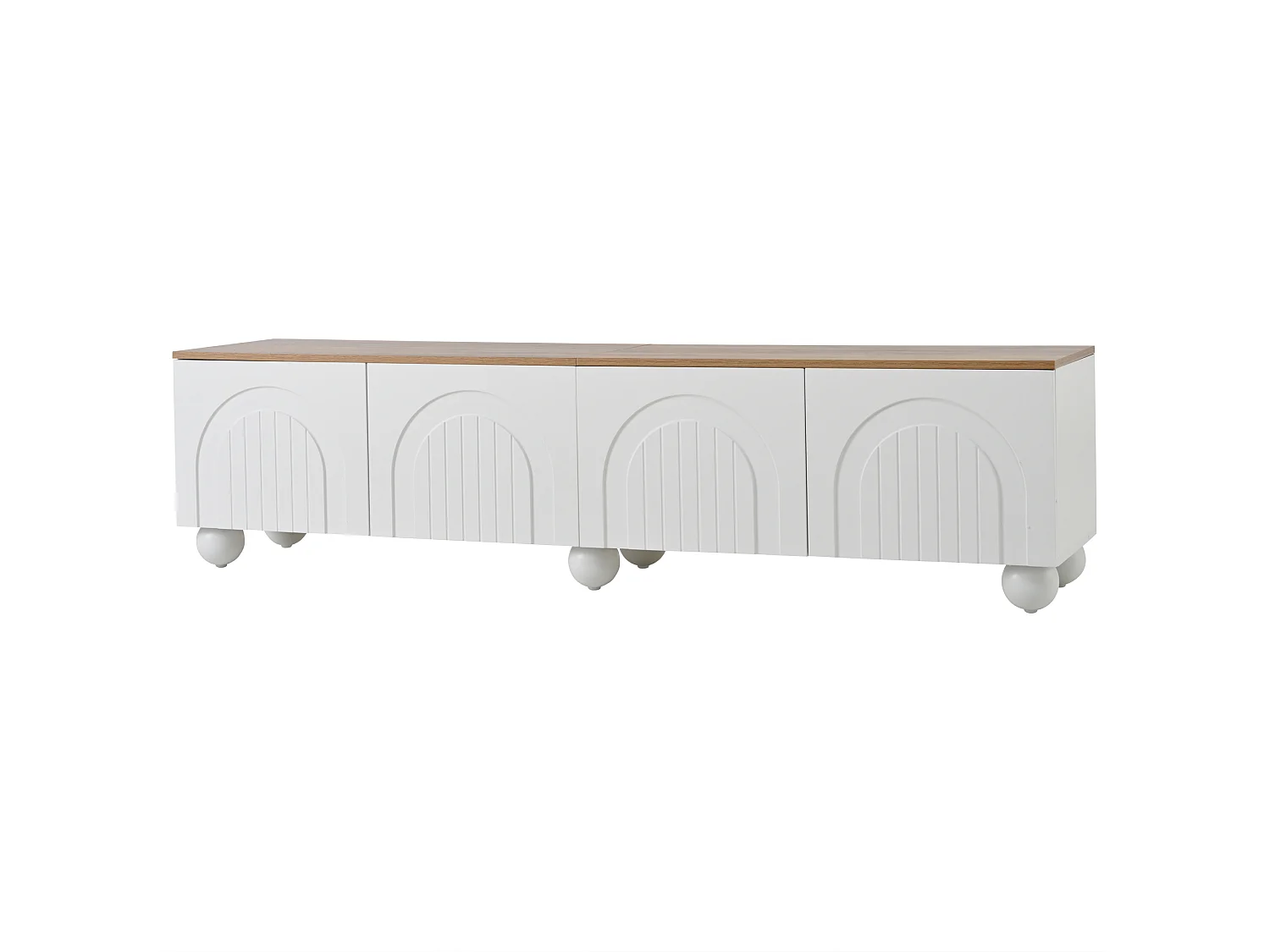 TV-Ständer 180 x 40 x 45 cm mit 4 Türen, 6 Metallkugelfüßen, aus MDF, weiß-eichenfarben lackiert